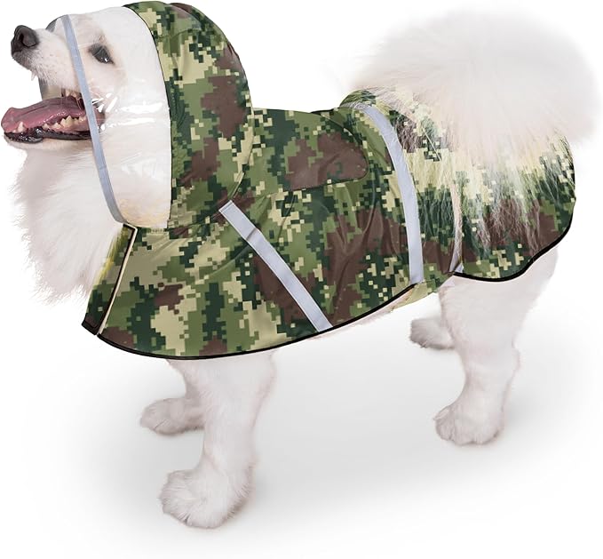 Dog Raincoat, Adjustable Rain Jacket with Hooded Double Layer for Large Medium Small Dogs Puppies, Lightweight Waterproof Rain Coat Poncho with Reflective Stripe Mosaic Camouflage Green,M