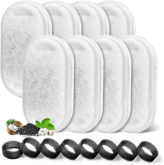 Cat Water Fountain Filter, Filters Replacement for 108Oz/3.2L&67Oz/2L&135Oz/4L Stainless Steel Pet Water Drinking Fountain, Dog Indoor Water Dispenser Fountain Carbon Filter (8 Filters & 8 Sponges)