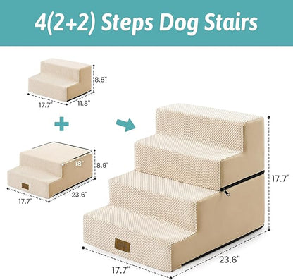 Dog Stairs for Small Dogs, 4 Tier Removable Wider Pet Stairs for Couch and Bed, 17.7" H Dog Steps for Old Cats, Puppy, Small Dogs, 17.7x23.6x17.7 inch, Beige