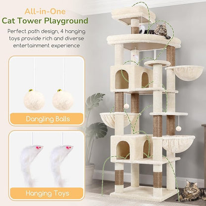 Globlazer Extra Large Cat Tree Tower, 82in Tall Heavy Duty Cat Tree for Indoor Cats Large Adult Big Cat Tower with 8 Scratching Posts, 2 Cat Condos, 2 Top Perches, 3 Hanging Baskets, S82, Beige