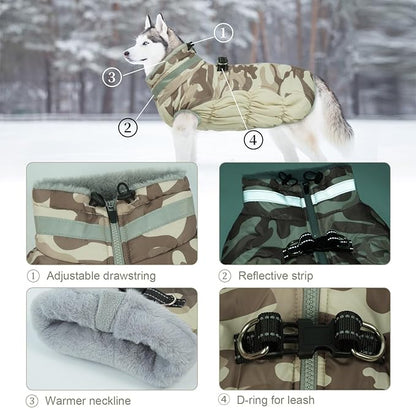 Lelepet Warm Dog Winter Coat Dog Coats for Large Dogs Waterproof Dogs Jacket with Harness Built in Reflective Cold Weather Coats Windproof Zip-Up Winter Fleece Vest Snowsuit Pitbull Desert Camo XXL