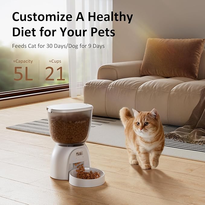 5L/21 Cup Automatic Cat Feeder, Timed Cat Dry Food Dispenser, Automatic Pet Feeders Dual Power Supply, 6 Meal Programmable 1-20 Portion Cats Feeder, Auto Dog Feeders,Pet Food Dispenser for Cats, Puppy