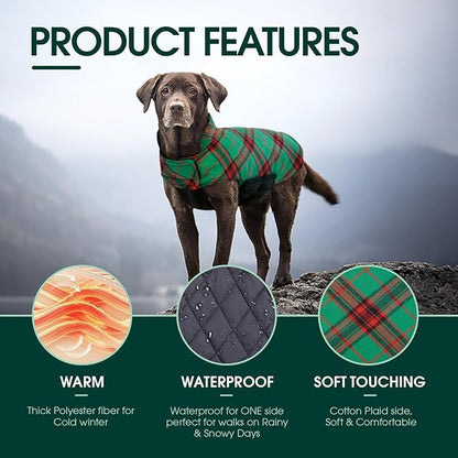 Kuoser Waterproof Dog Coat, Reversible Dog Jacket for Small Dogs, Adjustable Durable Doggie Winter Coat Warm Cozy Puppy Cold Weather Apparel from Small to Large Breed, Christmas Green S