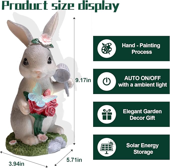 NYUWOAURC Garden Statues Rabbit with Solar Light,Bunny Outdoor Garden Decor Ornaments for Patio Yard Art,Birthday Easter House Warming Garden Gift for Women Mom,Resin Animal Figurine with Wider Base