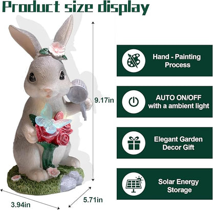 NYUWOAURC Garden Statues Rabbit with Solar Light,Bunny Outdoor Garden Decor Ornaments for Patio Yard Art,Birthday Easter House Warming Garden Gift for Women Mom,Resin Animal Figurine with Wider Base