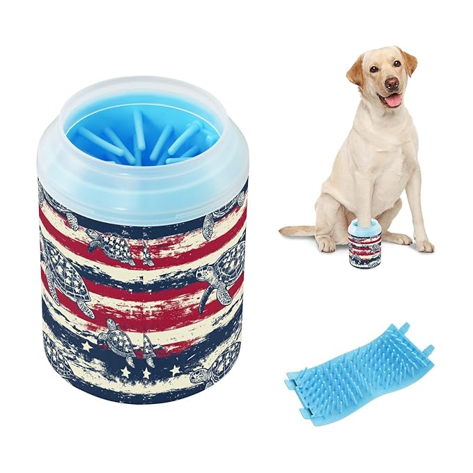 Dog Paw Cleaner Cups for Dogs Pets Foot Washer Paw Scrubber for Medium Small Cats Dogs Cleaning Cup Sea Turtles and Flag