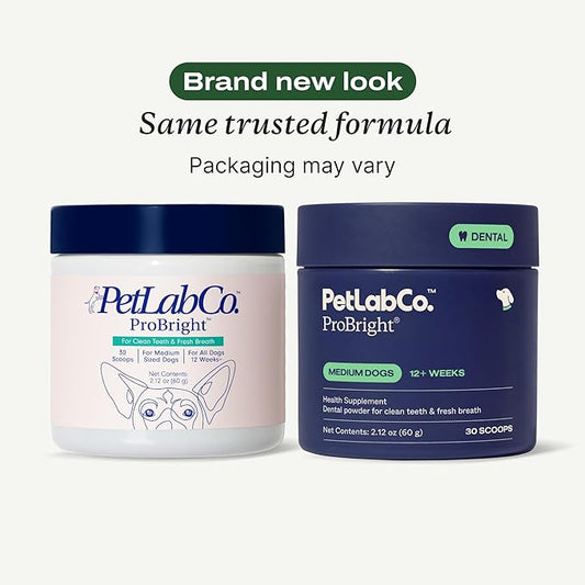 PetLab Co. ProBright Dental Powder - Dog Breath Freshener - Teeth Cleaning Made Easy – Targets Tartar & Bad Breath - Formulated for Medium Size Dogs - Packaging May Vary