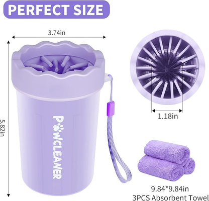 Professional 7 in 1 Dog Paw Cleaner for Dogs & Cats - Includes 1 Portable Paw Washer, 1 Bath Brush, 2 Dog Toothbrushes and 3 Absorbent Towels Note: Fits Paws 1.5 to 2.5 Inches Wide (Medium, Purple)