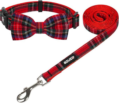 azuza Christmas Buffalo Dog Collar and Leash Set, Classic Plaid Collar with Removable Bowtie and Matching Leash for Large Dogs