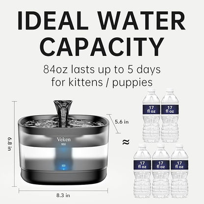 Veken Cat Water Fountain with Detachable Tank, 6 Filters & 6 Sponges, Easy to Clean & Assemble, 84oz/2.5L Pet Drinking Dispenser with Quiet Operation & LED Light for Cats, Dogs and Small Pets, Black