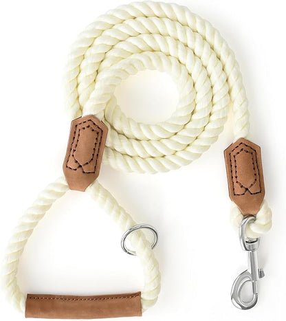 Mile High Life Dog Leash, Braided Cotton Rope Leashes with Leather Handle - Heavy Duty Metal Clasp, 5FT, 1/2" Thick - Wedding, Walking & Training Leash for Small Medium Large Dogs (White)