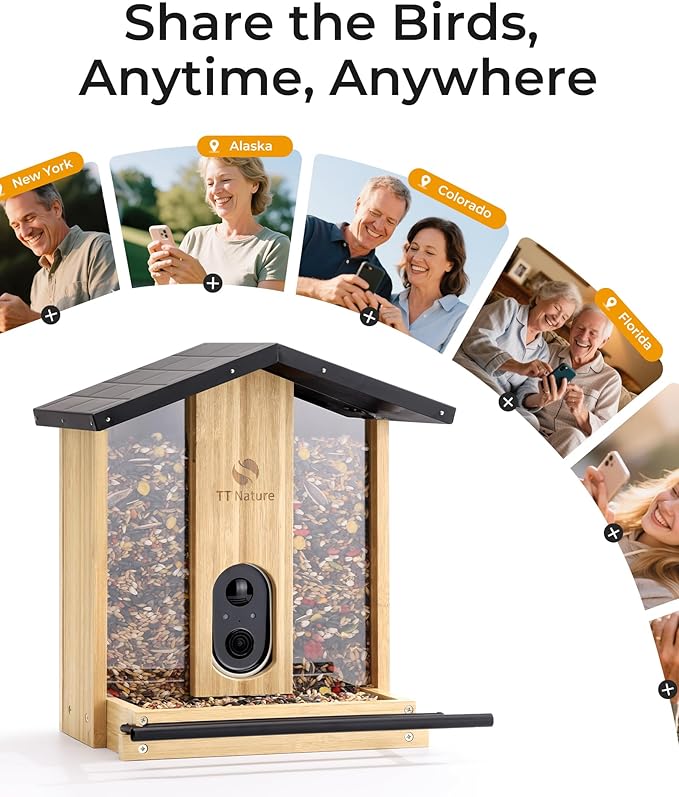 TT Nature Bird Feeder with Camera – 3L Smart Bird Feeder with AI Recognition, Live Streaming, Cloud Storage, Real-Time Alerts, Birdwatching Gift for Nature Lovers (Bamboo)