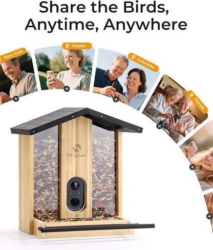 TT Nature Bird Feeder with Camera – 3L Smart Bird Feeder with AI Recognition, Live Streaming, Cloud Storage, Real-Time Alerts, Birdwatching Gift for Nature Lovers (Bamboo)