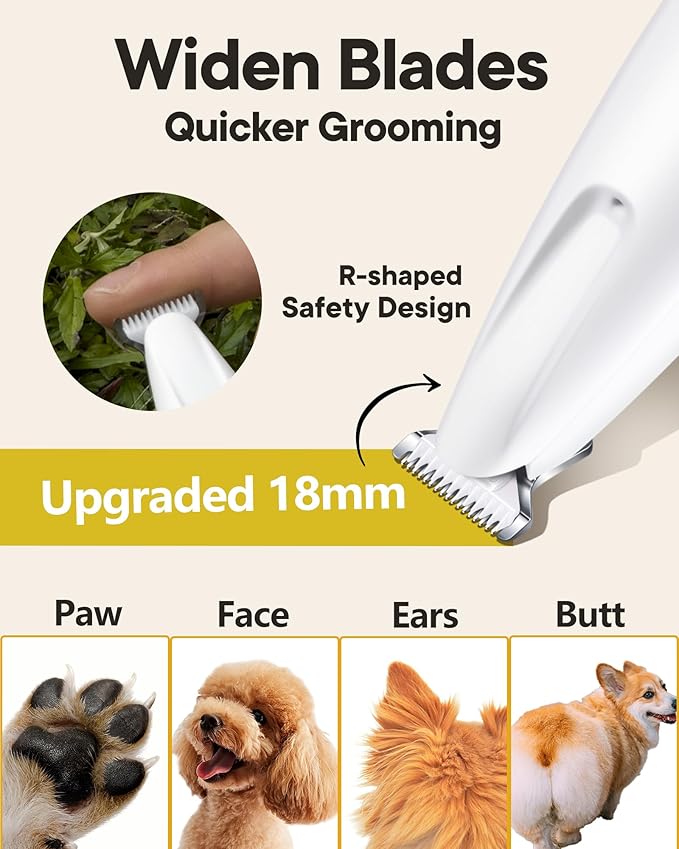 Upgraded Dog Paw Trimmer with LED Light, 18 mm Widen Blade, 35 dB Low Noise, LED Display, Fully Waterproof, Rechargeable Clipper for Dogs Cats Trimming Paws, Eyes, Ears, Face, and Rump