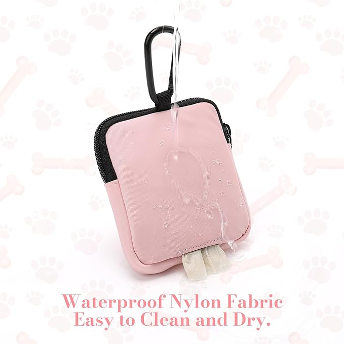 Dog Treat Pouch with Training Clicker,Waterproof Nylon Fabric Poop Bag Holders for Leashes,Hands Free Small Dog Walking Bag with Carabiner, Pet Puppy Training Walking Essentials (Pink)