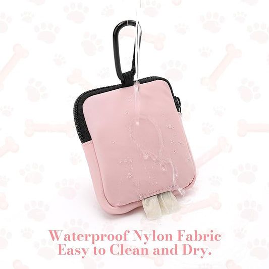 Dog Treat Pouch with Training Clicker,Waterproof Nylon Fabric Poop Bag Holders for Leashes,Hands Free Small Dog Walking Bag with Carabiner, Pet Puppy Training Walking Essentials (Pink)