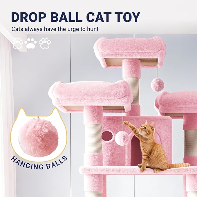 Allewie 82 Inches Large Cat Tree/House/XXL Tall Cat Towers for Big Feline/Scratching Post/Multi-Level Large Kitty Climbing Tree with Condo/Pink