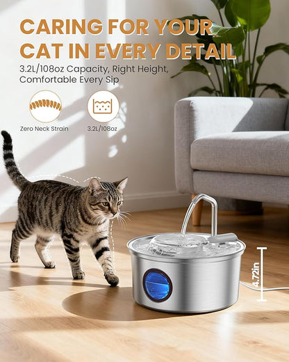 Cat Water Fountain Stainless Steel - 108oz/3.2L Ultra-Quiet Cat Fountain for Drinking with Removable Food Bowl, with 3 Filters Supplies for Cats, Small Dogs, Multiple Pets