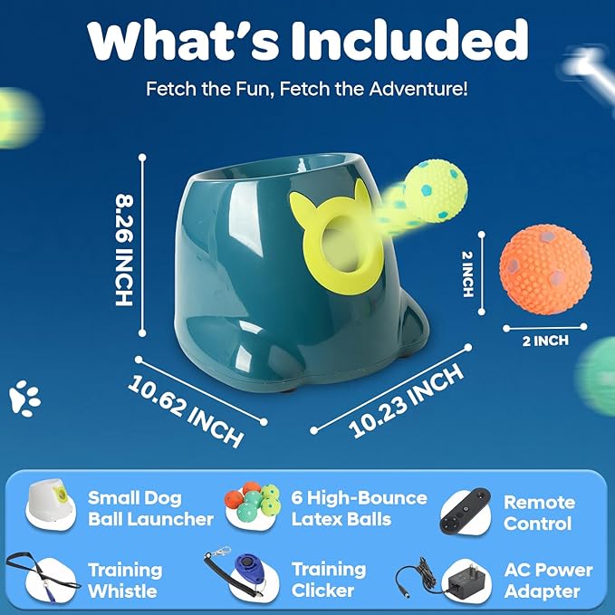 Automatic Small Dog Ball Launcher - Remote Control Interactive Fetch Machine Thrower for Small and Medium Sized Dogs with 6 High-Bounce Washable Latex Balls, Training Clicker, and Whistle – Blue