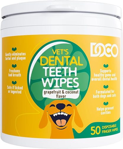 DOCO Dog Teeth Cleaning Wipes Dental Finger Wipes for Cats & Dogs Remove Plaque & Tartar, Freshen Breath, No Rinse, Easy & Effective Pet Tooth Cleaning Kit for Oral Care (Grapefruit Flavour, 50 Count)