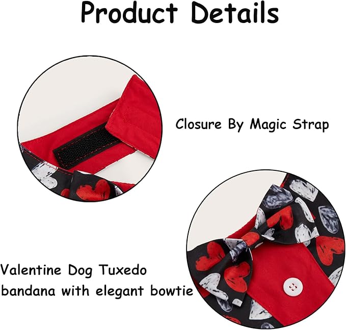 Valentine Dog Tuxedo Bandana with Bow Tie, Adjustable Tuxedo Style Heart Pattern Pet Costume for Dogs, XS to XL