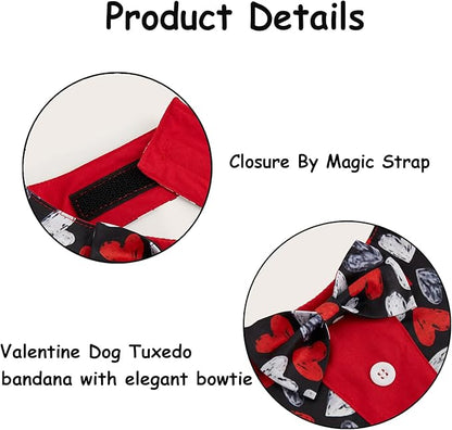 Valentine Dog Tuxedo Bandana with Bow Tie, Adjustable Tuxedo Style Heart Pattern Pet Costume for Dogs, XS to XL
