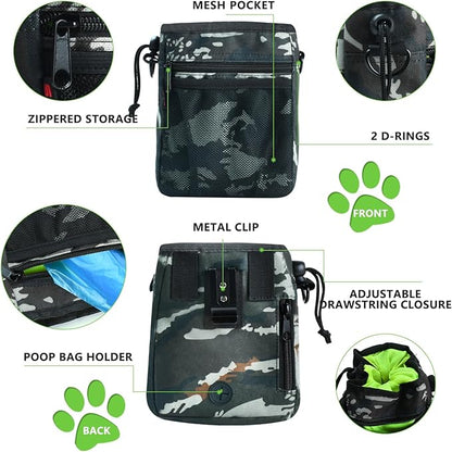 Dog Treat Pouch - 3 Ways to Wear Treat Pouches for Pet Training and 2 Pieces Clicker Taining for Dogs, Dog Training Treat Pouch Bag and Dog Clicker for Training with Waist Belt Shoulder Strap - Camo