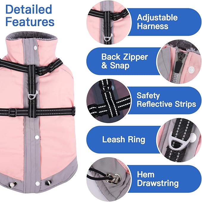 XS Dog Winter Coat with Harness Built in - Turtleneck with Sleeves| Reflective Water-Repellent Jackets for Cold Night,Warm Snow Suit for Snowy Day,Chihuahua (Light Pink)