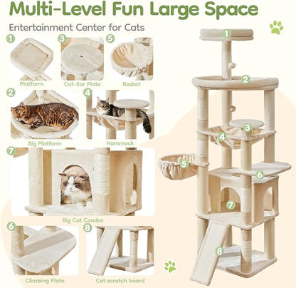 Taoqimiao 72 Inches Cat Tree for Large Cats, Multi-Level Tall Cat Tower, Widened Cat Condo with Large Scratch Board, 5 Scratching Posts, Metal Hammcock, Cozy Basket, Beige, MS045M