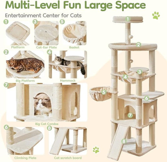 Taoqimiao 72 Inches Cat Tree for Large Cats, Multi-Level Tall Cat Tower, Widened Cat Condo with Large Scratch Board, 5 Scratching Posts, Metal Hammcock, Cozy Basket, Beige, MS045M