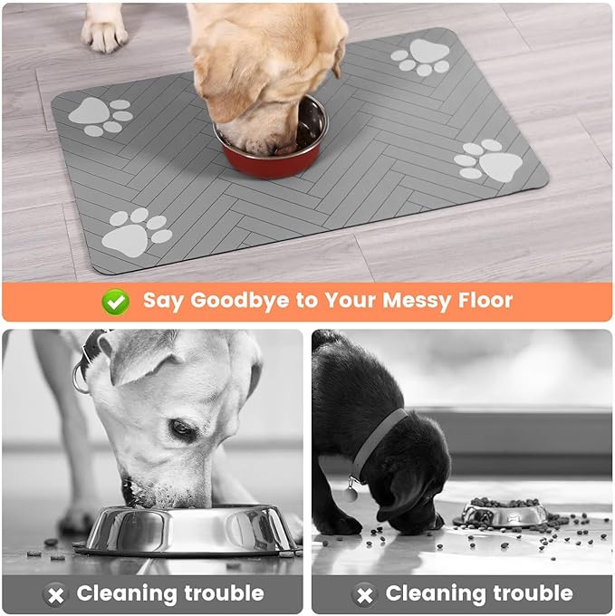 Pet Feeding Mat-Absorbent Pet Placemat for Food and Water Bowl, with Waterproof Rubber Backing, Quick Dry Water Dispenser Mat for Dog and Cat (24"x16", Striped Light Gray)