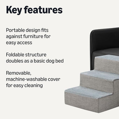 Amazon Basics Dog Steps,14.4" H, 3-Step Dog Stairs for Bed Couch and Sofa, Non-Slip Bottom Pet Stairs for Indoor Dogs and Cats, Grey