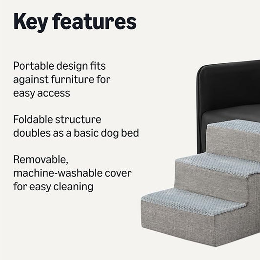 Amazon Basics Dog Steps,14.4" H, 3-Step Dog Stairs for Bed Couch and Sofa, Non-Slip Bottom Pet Stairs for Indoor Dogs and Cats, Grey