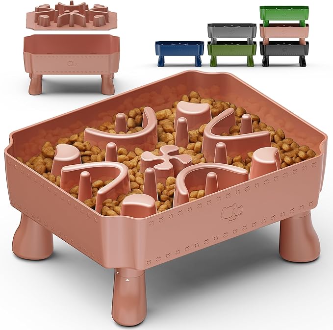 UPSKY Slow Feeder Dog Bowl, 2-in-1 Raised Dog Bowl with Anti-Choking Maze Puzzle, 2-6 Cups Pet Food for Small & Medium Breeds, Interactive Pet Feeder to Slow Eating, Reduce Boredom Pink