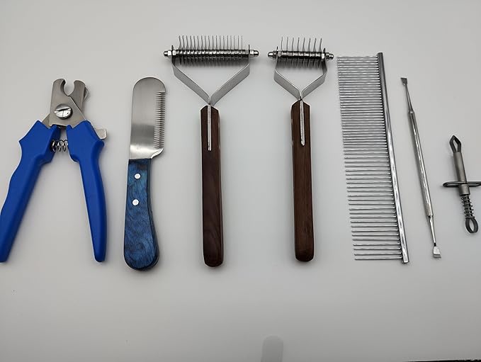 Pet Grooming Kit – Dog Grooming Tools Set with Dematting Rake, Stainless Steel Comb, Stripping Knife, Nail Clipper, Tick Remover & Dental Scaler (Blue, 7 Piece)