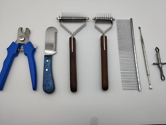 Pet Grooming Kit – Dog Grooming Tools Set with Dematting Rake, Stainless Steel Comb, Stripping Knife, Nail Clipper, Tick Remover & Dental Scaler (Blue, 7 Piece)