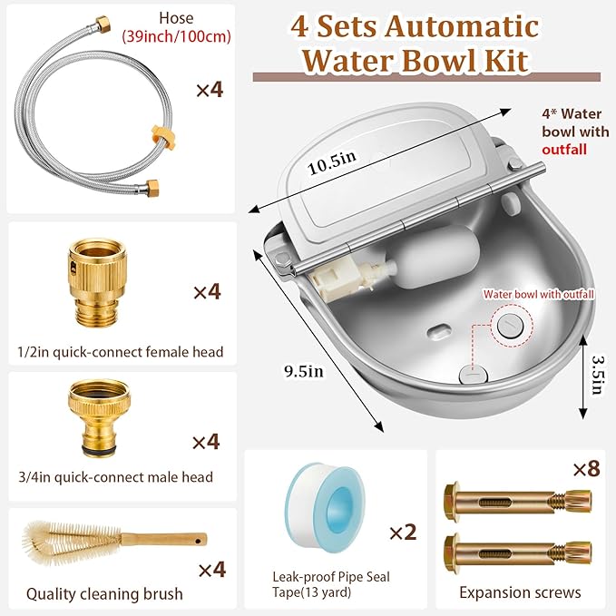 Tessco 4 Sets 4L/135oz Automatic Animal Drinking Water Trough Bowl with Float Valve Stainless Steel Waterer Kit for Dog Horse with Pipe Connector Adapter Countersunk Bolt (with Drainage Hole)