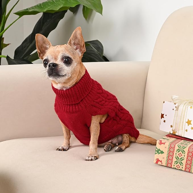 2 Pack Dog Sweaters for Small Dogs Turtleneck Pullover Cable Knit Puppy Stretch Clothes Chihuahua Yorkie Pomeranian Toy Poodle Boy Girl Pets Winter Doggie Clothes (S, Red & Green)