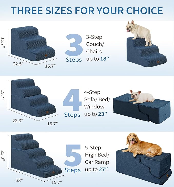 Made4Pets Dog Stairs Ramp for Small Dogs 15.7" H, 3-Step Dog Steps for Bed Couch Sofa and Chair, 35D Foam Pet Steps for Small Dogs and Cats, Non-Slip Bottom Pet Stairs, Navy