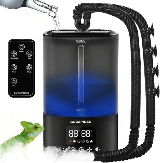 Coospider Reptile Fogger Terrariums Humidifier, Top Fill Cool Mist, Automatic Reptile Mister with Dual Hose, Timer, Humidity Control for Reptile Mister for Amphibians Herps Vivarium (5L/1.32GAL)