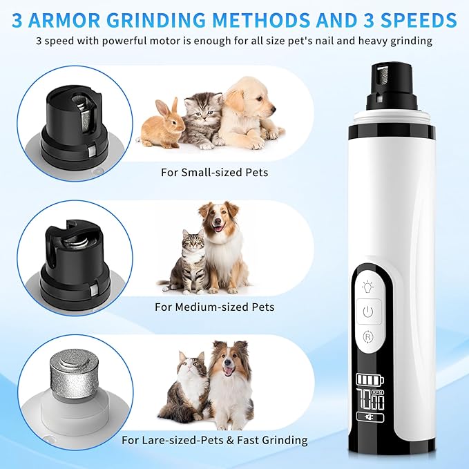 2026 Upgraded Nail Grinder,3-Speed Powerful Electric Pet Nail Trimmer,Rechargeable USB Charging/2 LED Light/Grinding Wheels/Pet Silent Cat Claw Nail Grooming Supplies for Small and Large Dogs and Cats