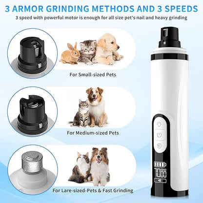 2026 Upgraded Nail Grinder,3-Speed Powerful Electric Pet Nail Trimmer,Rechargeable USB Charging/2 LED Light/Grinding Wheels/Pet Silent Cat Claw Nail Grooming Supplies for Small and Large Dogs and Cats