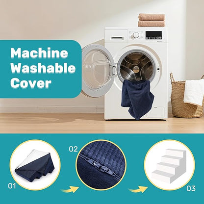 Dog Stairs for Bed, Extra Wide 4-Step Dog Steps for High Bed, High-Density Foam Pet Stairs with Non-Slip Removable Washable Cover for Small Pets, 18" H, Navy