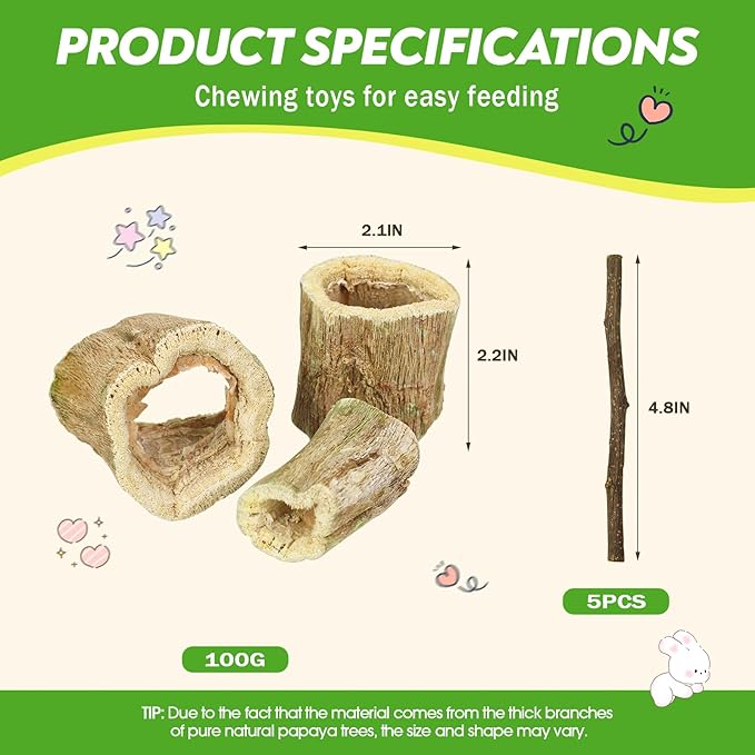 3.5oz Rabbit Chew Toys for Teeth，Bunny Papaya Wood Chew Toys Guinea Pig Treats with Apple Stick for Rabbits Guinea Pigs Hamsters Chinchillas Gerbils Prevent Teeth Overgrowth (3.5 oz, original)