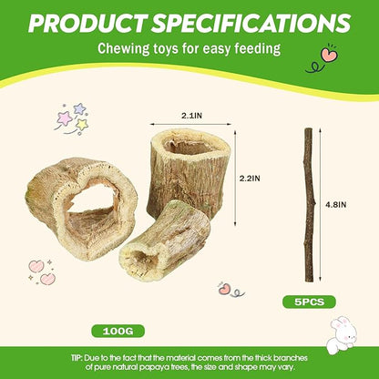 3.5oz Rabbit Chew Toys for Teeth，Bunny Papaya Wood Chew Toys Guinea Pig Treats with Apple Stick for Rabbits Guinea Pigs Hamsters Chinchillas Gerbils Prevent Teeth Overgrowth (3.5 oz, original)