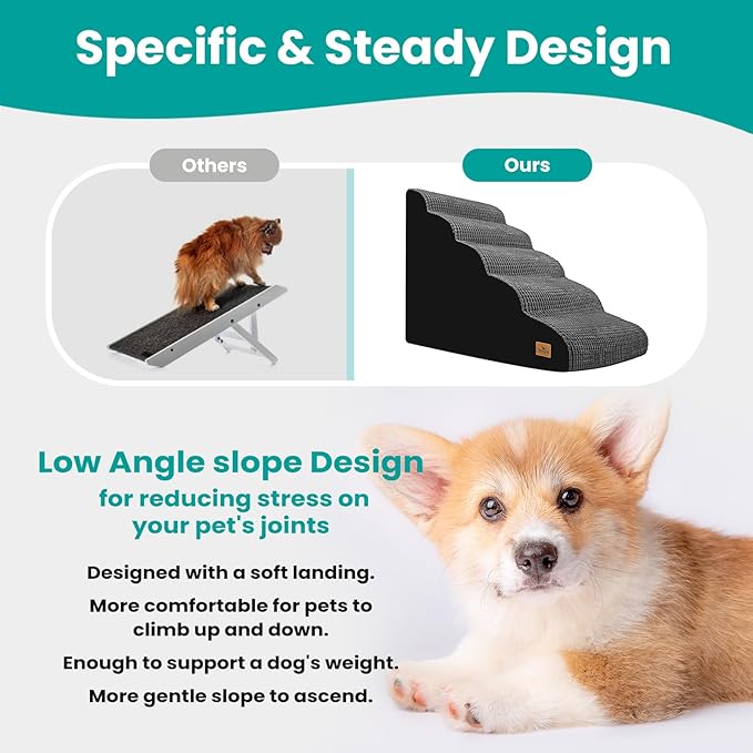 5-Step Dog Stairs for High Beds and Couch, Foam Ramp with Durable Non-Slip Waterproof Fabric Cover, Grey Pet Stairs for Small Dogs' Joints