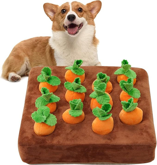 Interactive Dog Toys，Carrot Snuffle Mat for Dogs Plush Puzzle Toys 2 in 1 Non-Slip Nosework Feed Games Pet Stress Relief with 12 Carrots