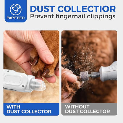 PAPIFEED 6-Speed Dog Nail Grinder Quiet with Dog Nail Trimmers, 2 LED Lights & Dust-Proof Cover, Nail Grinder for Large/Medium/Small Dogs & Cats, Rechargeable Type-C Charging - White Kit
