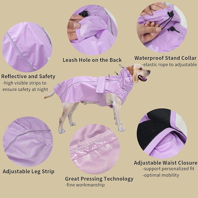 Adjustable Waterproof Dog Raincoat for Dogs,Lightweight Pet Rain Jacket Puppy Clothes with Reflective Strip for Small Medium Large Dogs (Light Purple, 3X-Large)