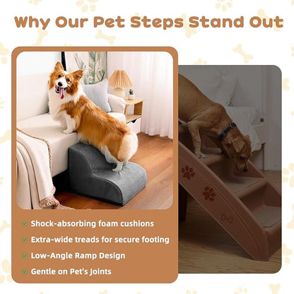 Dog Stairs for Small Dogs and Cats, 12" H 2 Steps Pet Steps Ramp for High Bed, Couch, Sofa, Waterproof Pet Stairs with Removable Washable Cover, Non-Slip Bottom, Dark Gray